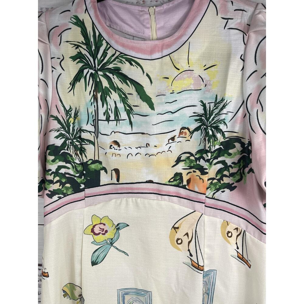 Dress Women's Size Large Multicolor Tropical Print Maxi Short Sleeve Beach Art - Picture 4 of 10